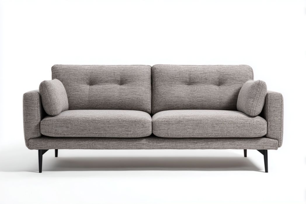 Sofá 3 plazas gris de tela con cojines laterales y patas metálicas