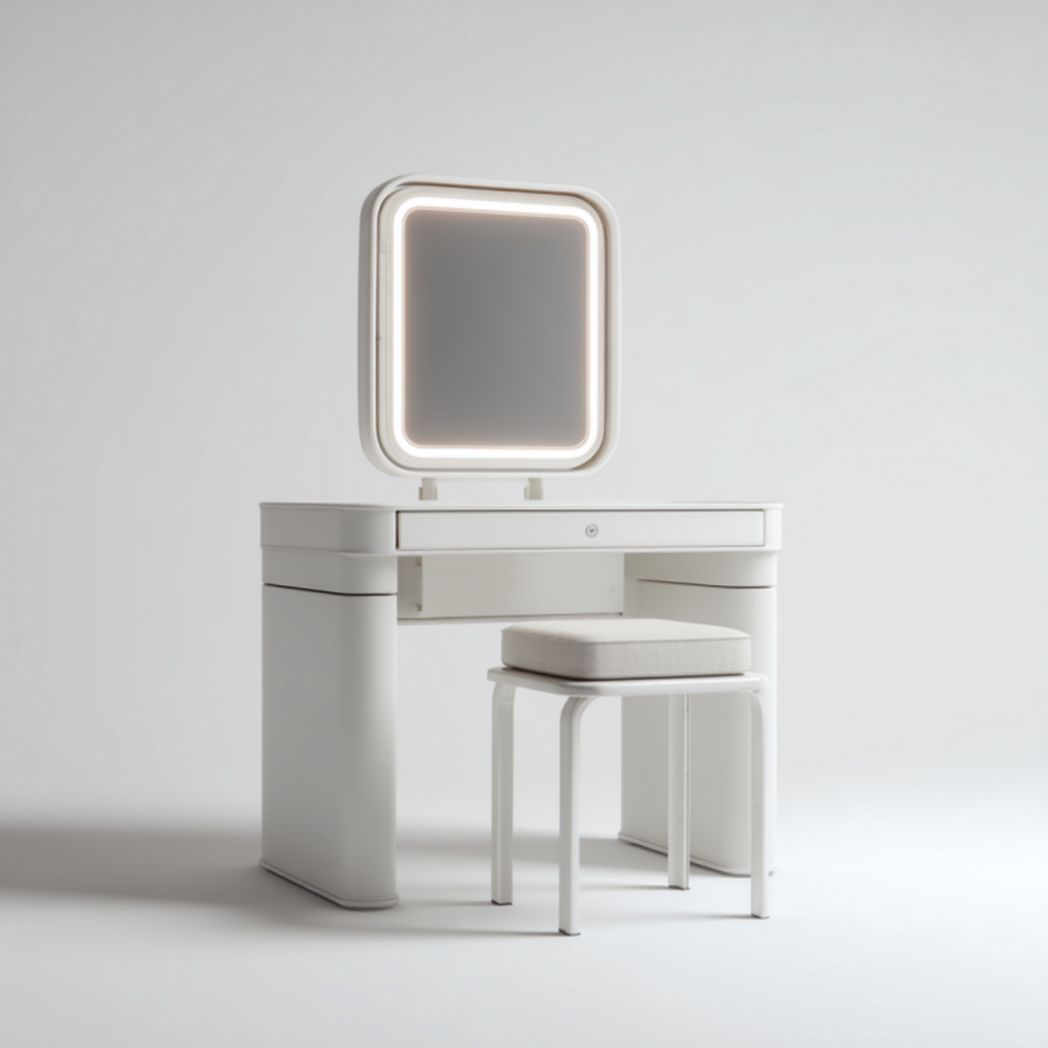 Tocador blanco con espejo LED, un cajón y taburete acolchado