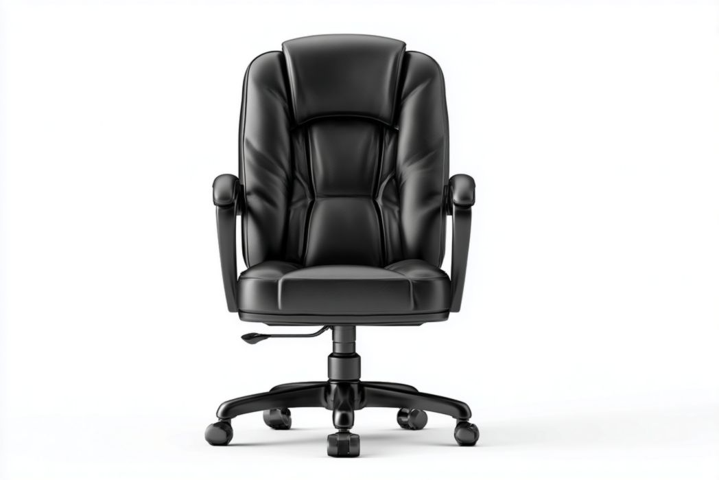 Silla de oficina de piel sintética negra con respaldo acolchado, reposabrazos y base de cinco ruedas