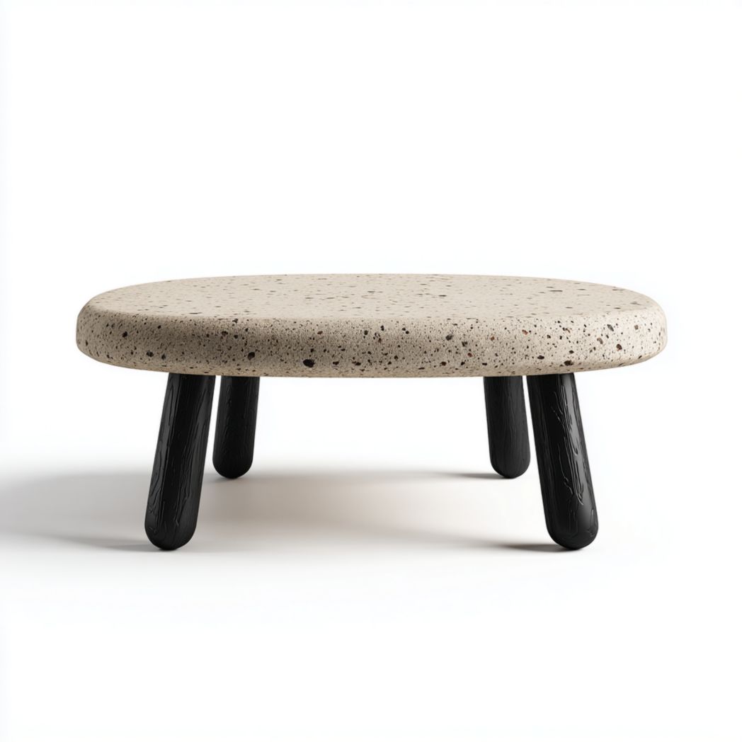 Mesa de centro redonda de terrazo beige con patas cilíndricas negras Ø80×32 cm