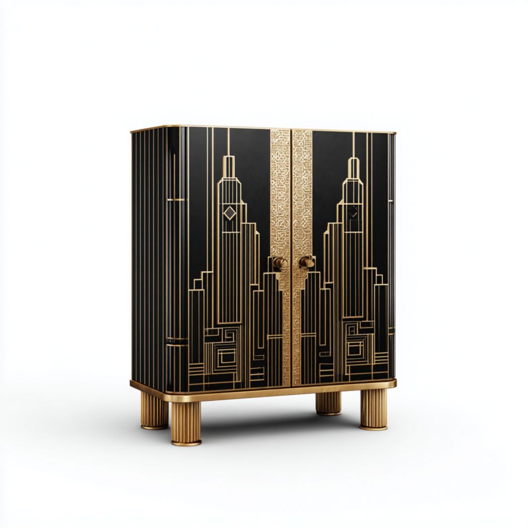 Zapatero negro de dos puertas con detalles geométricos dorados