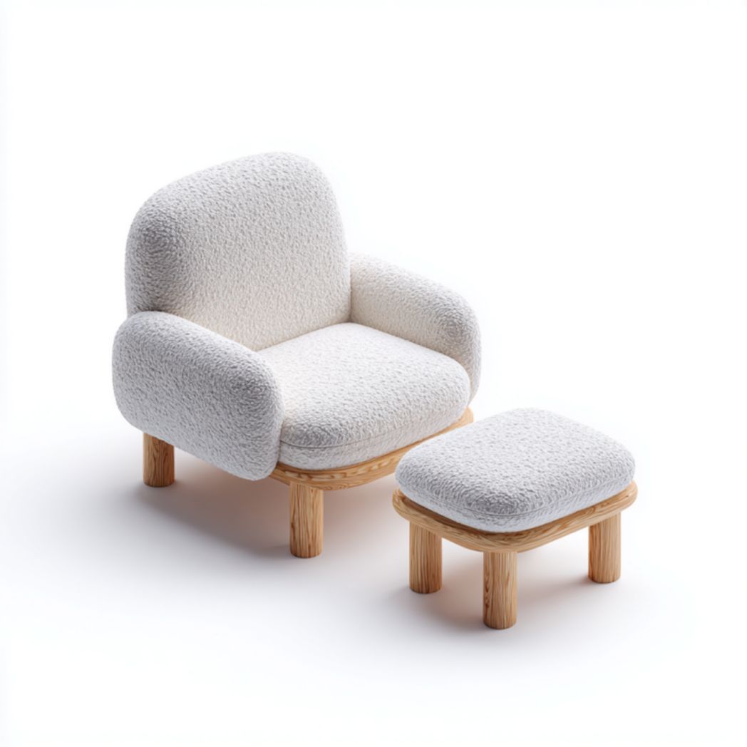 Sillón bouclé crema con reposapiés y patas de madera clara