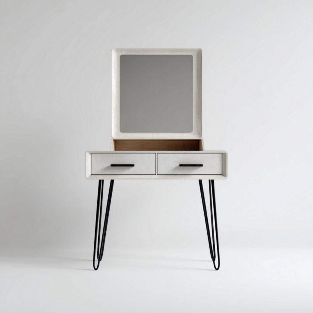 Tocador blanco con espejo cuadrado y patas metálicas negras