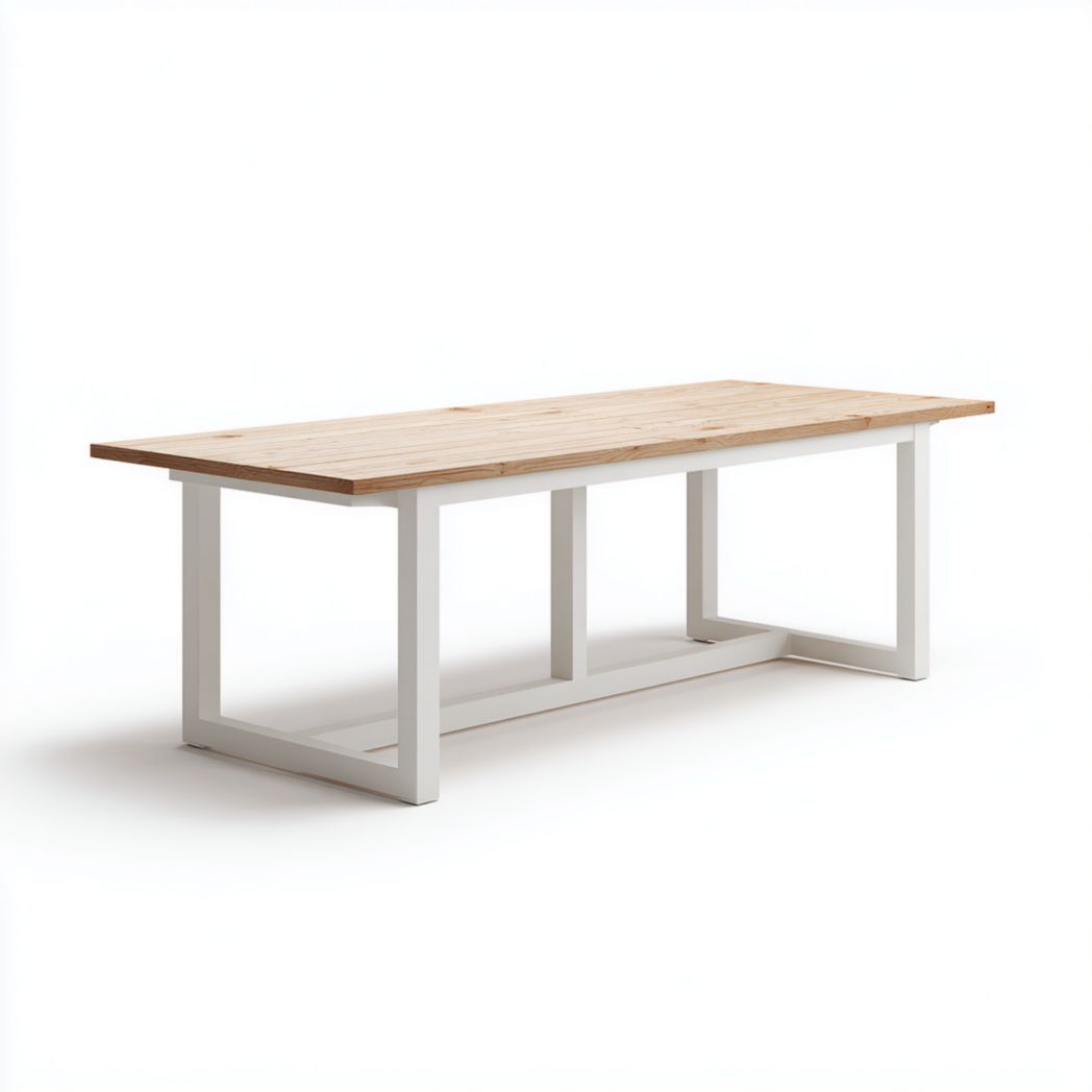 Mesa de jardín rectangular, tablero de madera natural y estructura metálica blanca con travesaño 200×90×75 cm