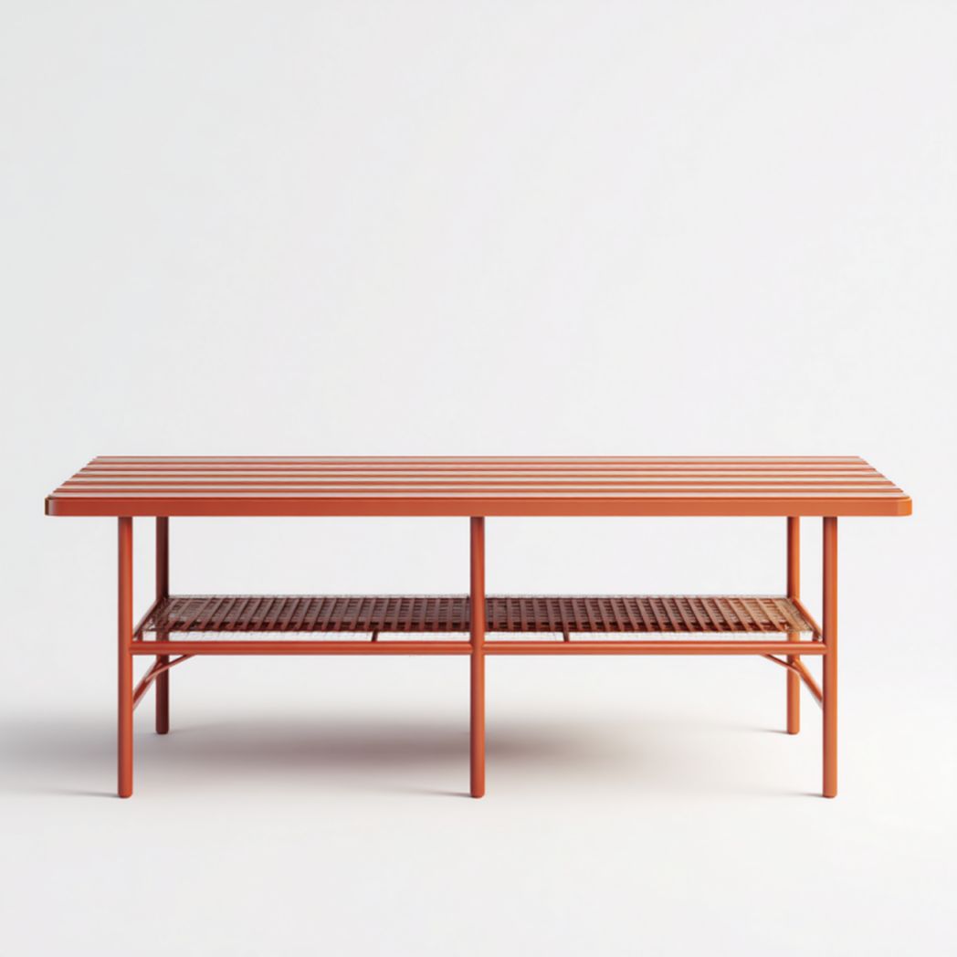 Mesa baja de jardín de aluminio color terracota con tablero de lamas y estante inferior 120×50×45 cm