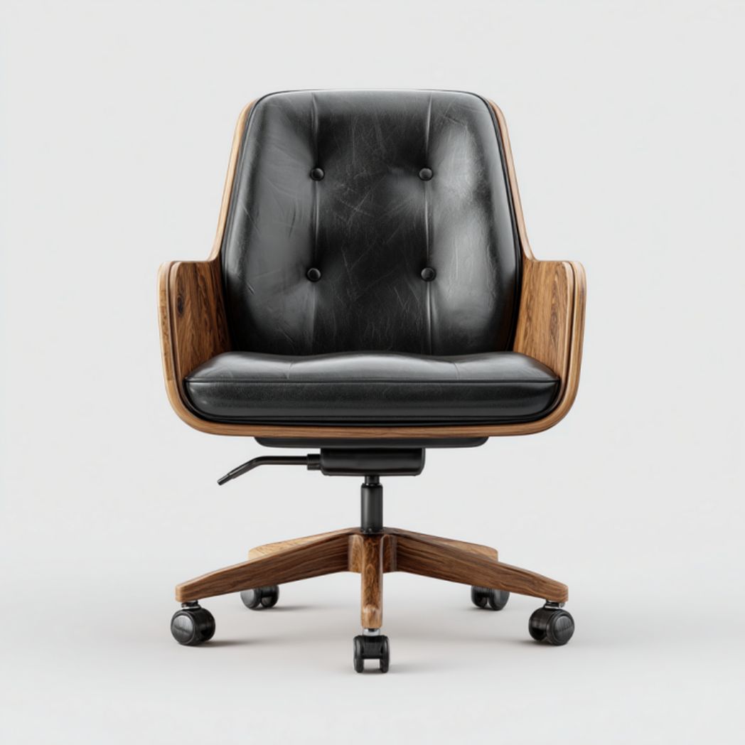 Silla de oficina giratoria con brazos de madera y asiento de piel negra