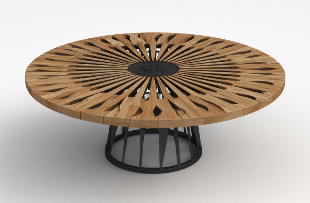 Mesa de jardín redonda, tablero de madera calado radial y base metálica negra Ø140×75 cm