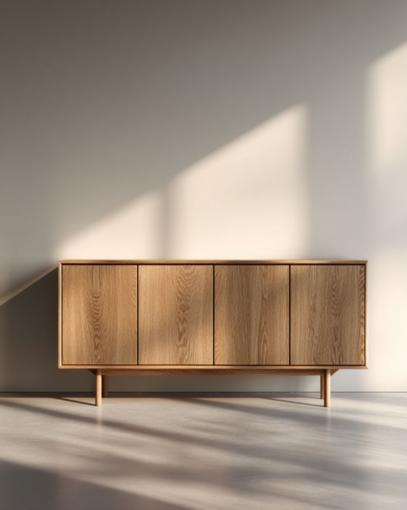 Aparador de cuatro puertas en tono roble, sin tiradores y con patas altas 180×45×80 cm