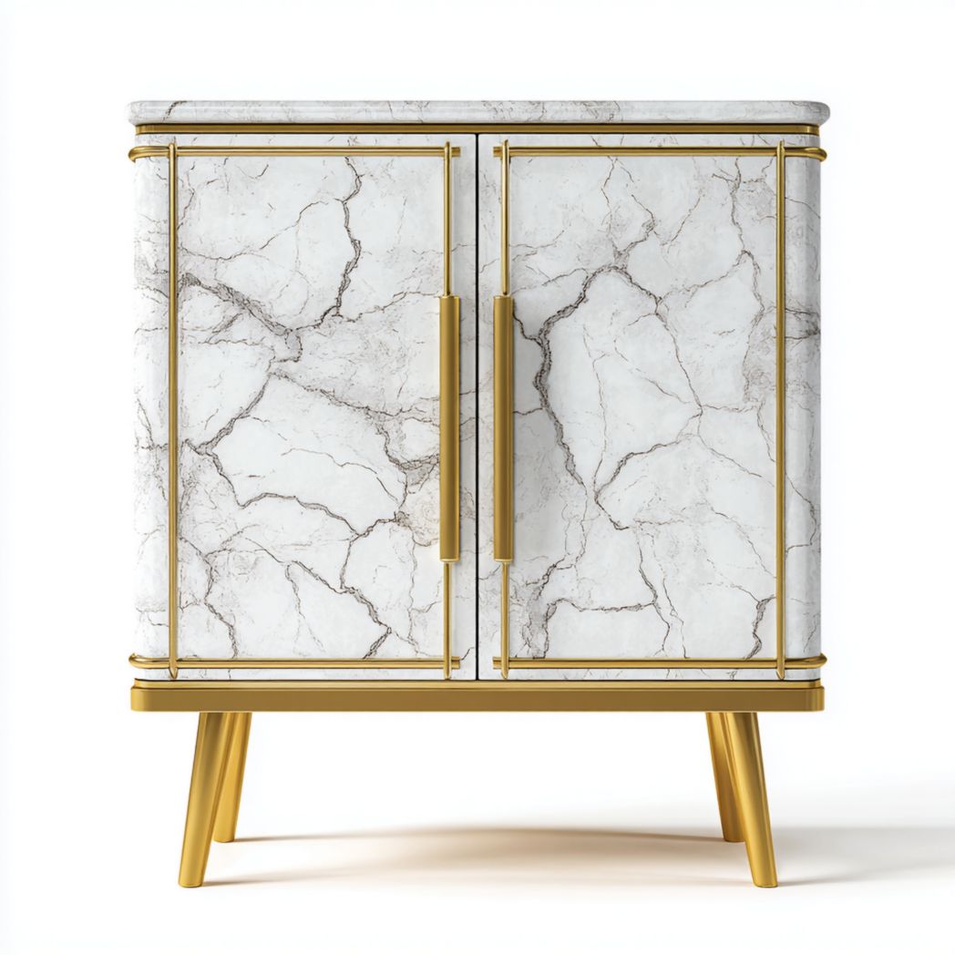 Zapatero con diseño mármol blanco y estructura dorada de dos puertas