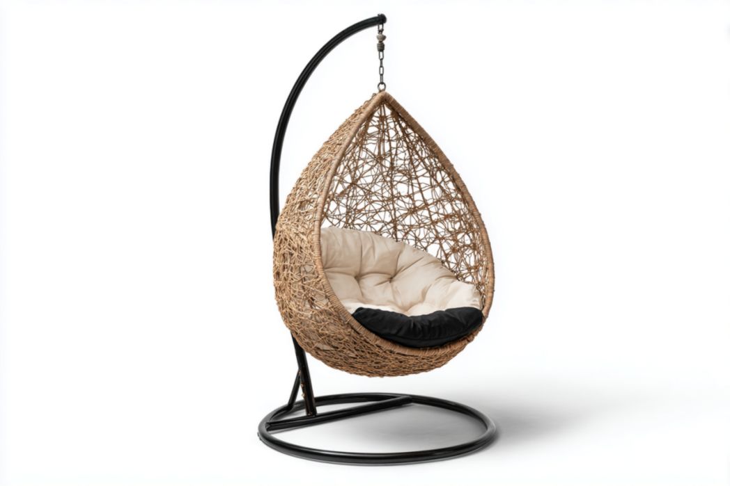 Silla colgante tipo huevo de ratán sintético natural con estructura negra y cojín beige – Oem