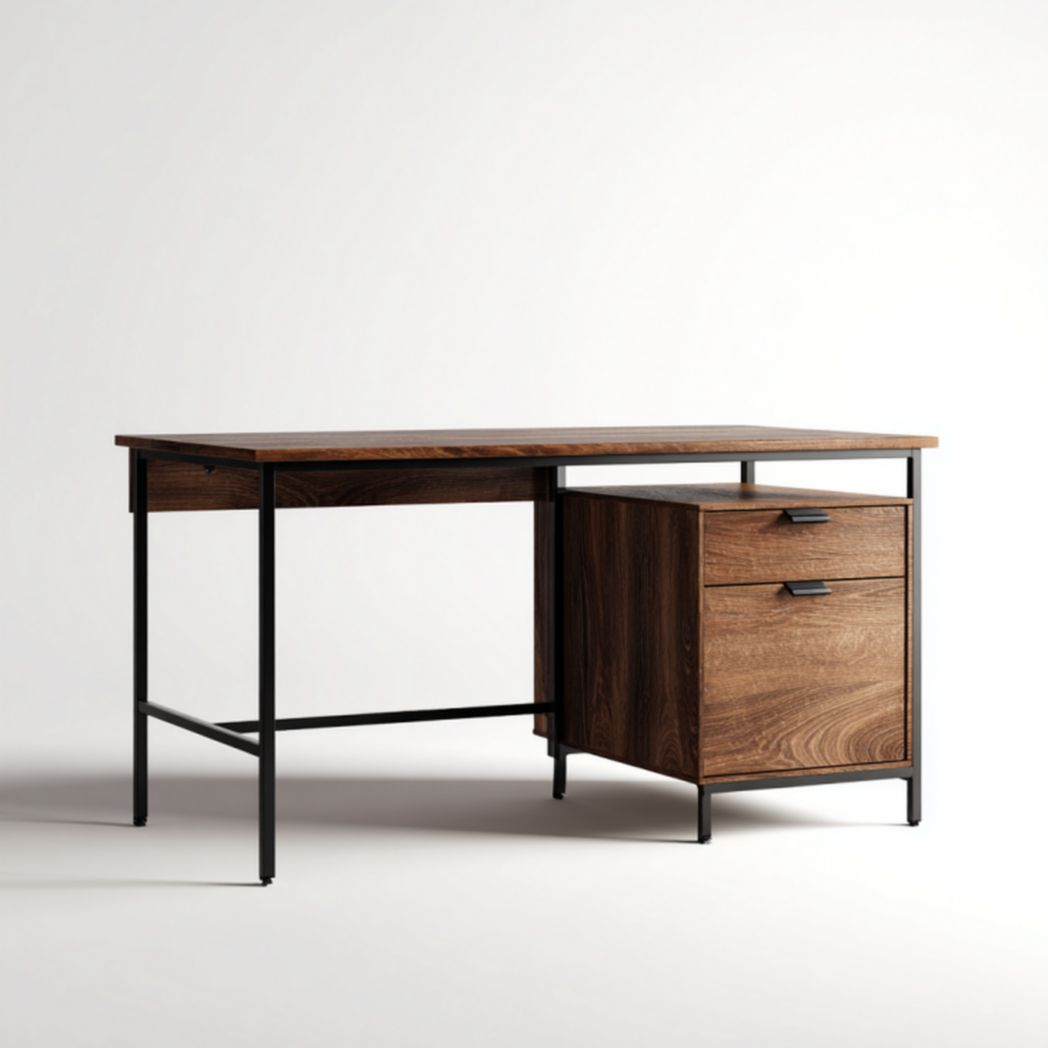 Escritorio de madera color nogal oscuro con estructura metálica y dos cajones