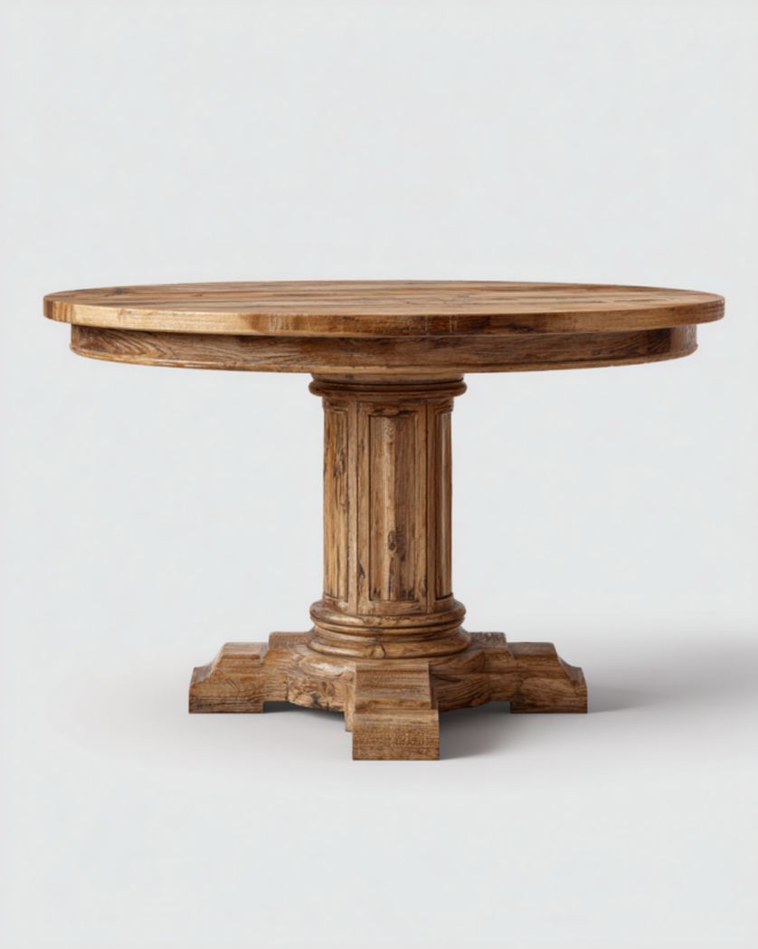 Mesa de comedor redonda de madera maciza roble envejecido con pedestal tallado Ø120×75 cm