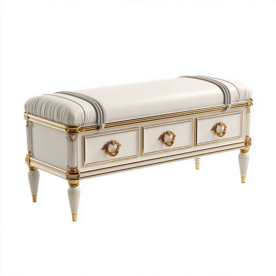 Banco tapizado color marfil con detalles dorados y cajones de almacenamiento