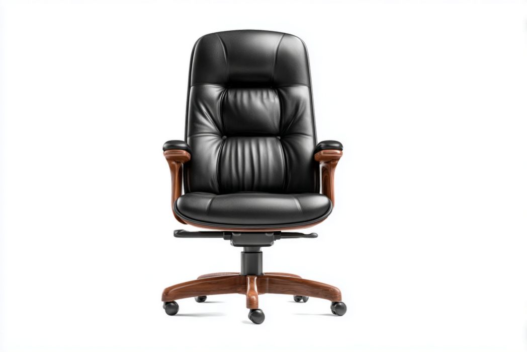 Silla de oficina de respaldo alto en piel negra con reposabrazos de madera y base con ruedas