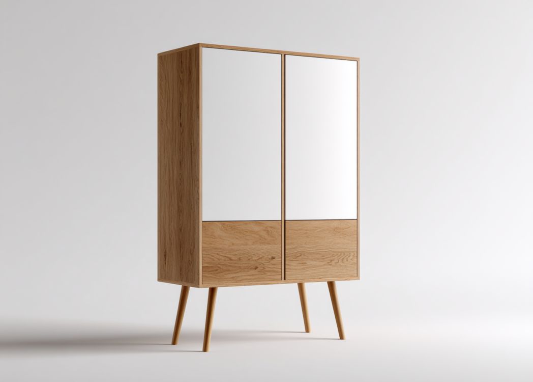 Zapatero de dos puertas con espejo y acabado en madera clara