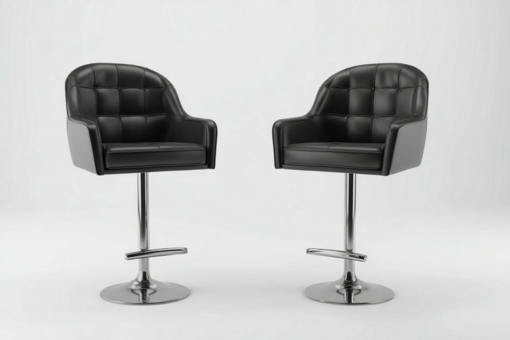 Juego de 2 taburetes de bar negros con respaldo, reposabrazos y base metálica regulable