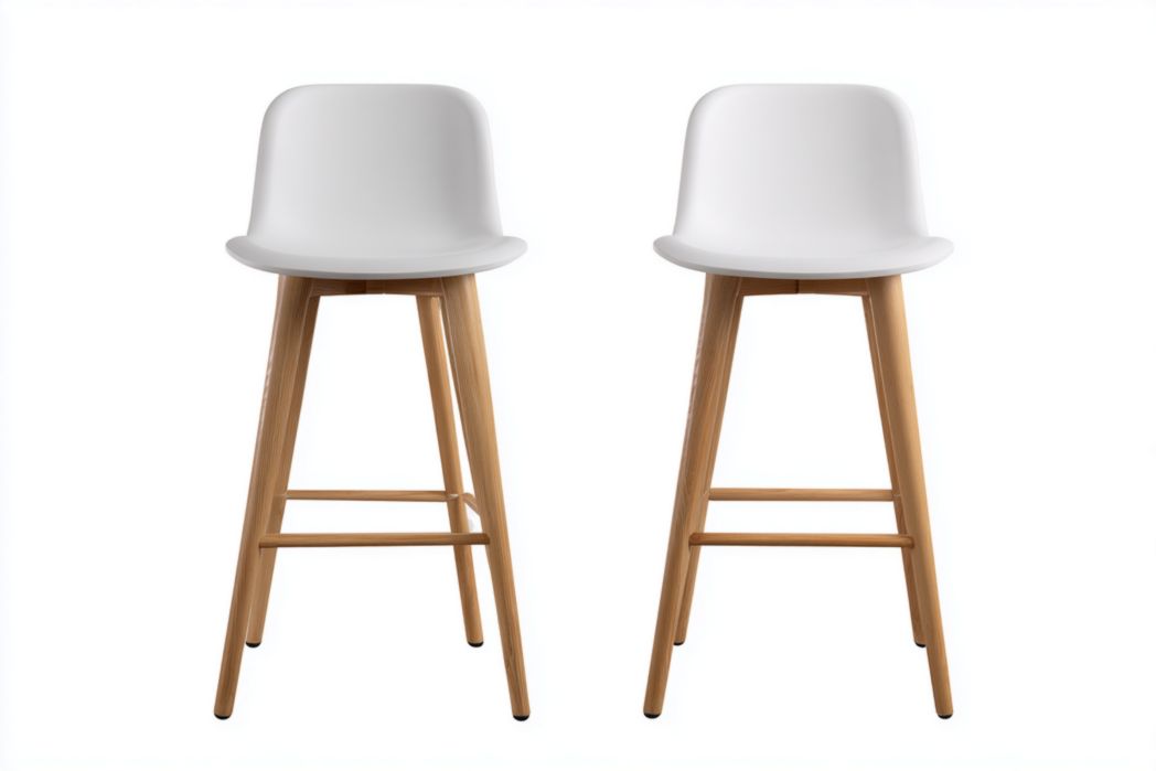 Juego de 2 taburetes de bar blancos con respaldo y patas de madera