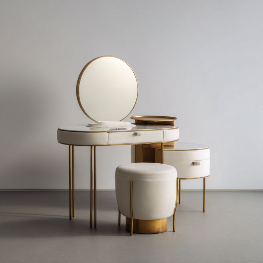 Tocador blanco con espejo redondo, cajones y taburete acolchado