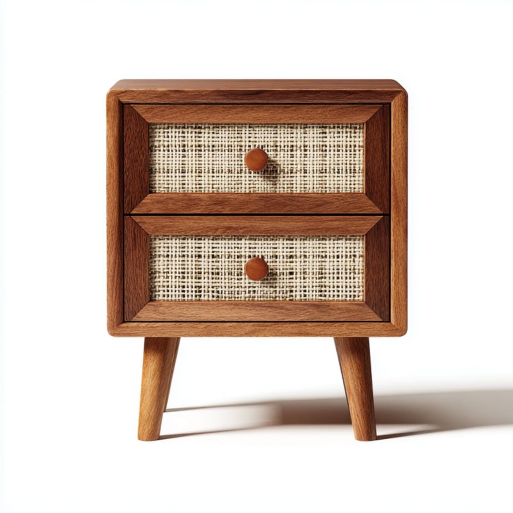 Mesita de noche de madera y ratán con 2 cajones estilo nórdico