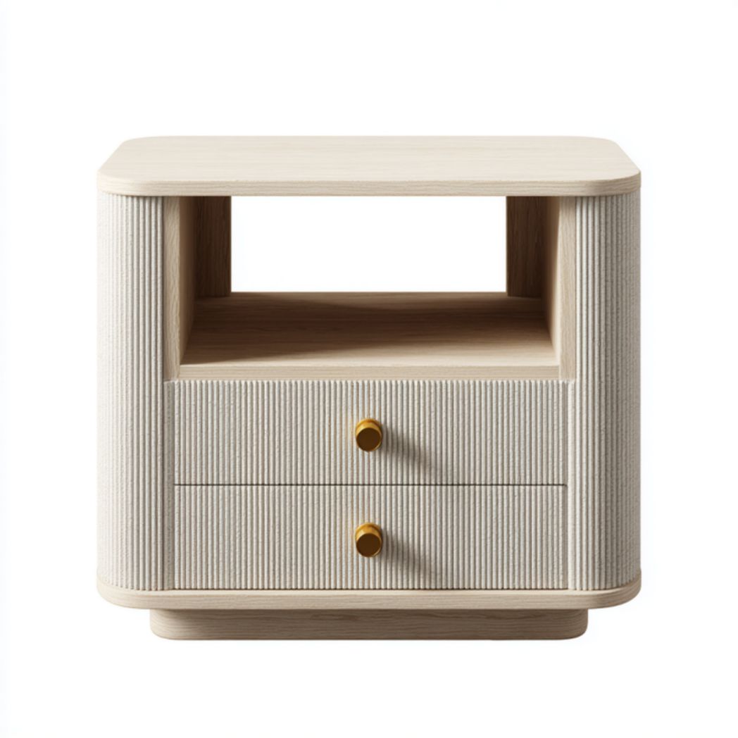 Mesita de noche madera clara con estante abierto y 2 cajones