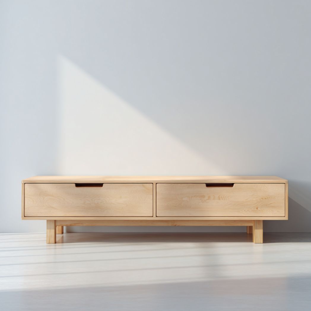 Mueble TV bajo de madera clara con 2 cajones y tiradores ranurados, 160×40×35 cm