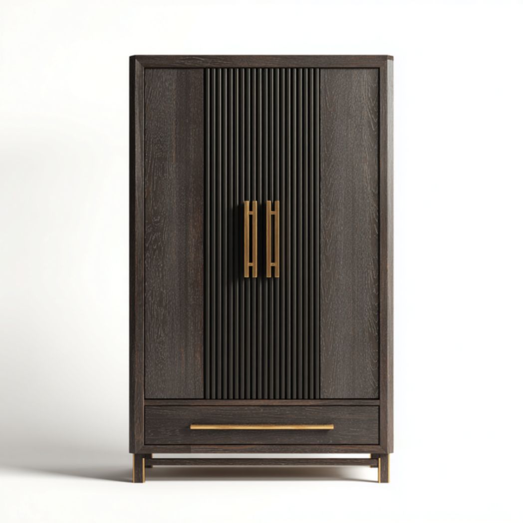 Armario de madera oscuro con dos puertas y cajón inferior con tiradores metálicos