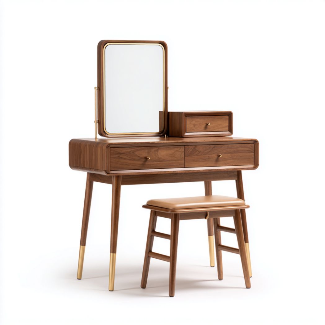 Tocador de madera nogal con espejo rectangular, cajones y taburete acolchado