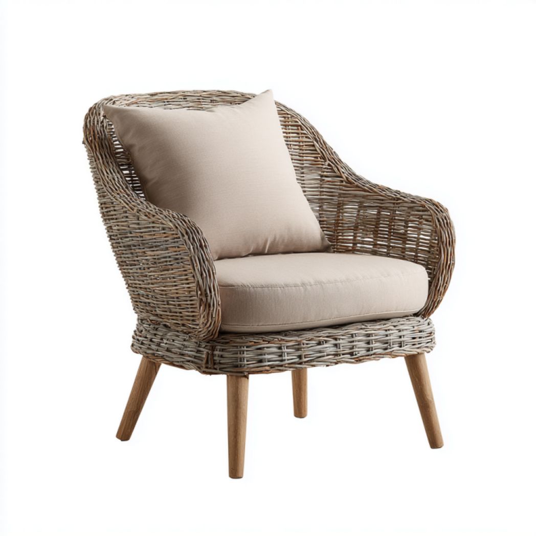 Sillón de jardín de ratán sintético gris natural con patas de madera y cojines beige 76×78×86 cm
