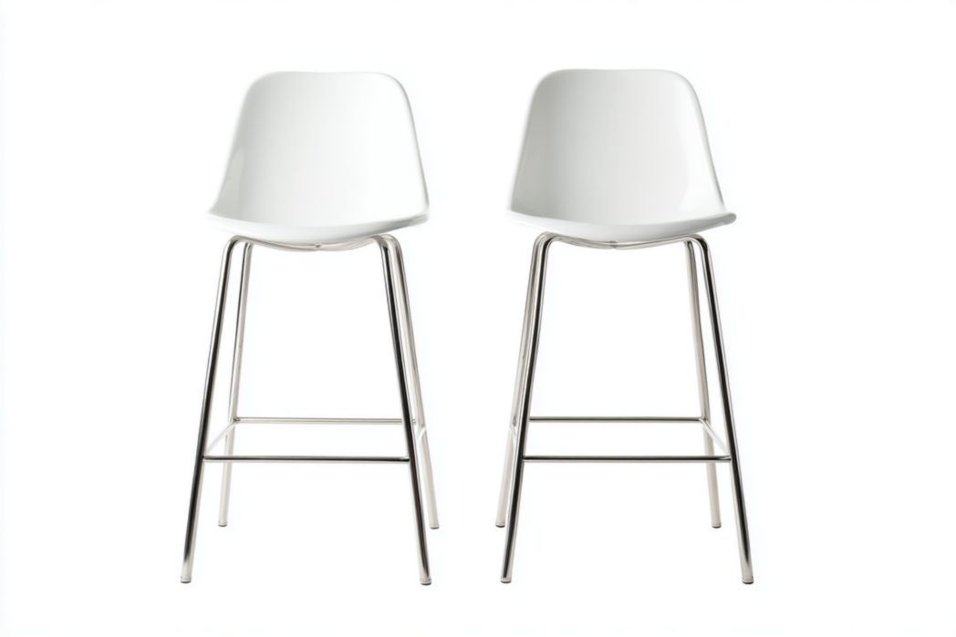 Juego de 2 taburetes de bar blancos con respaldo y patas metálicas cromadas