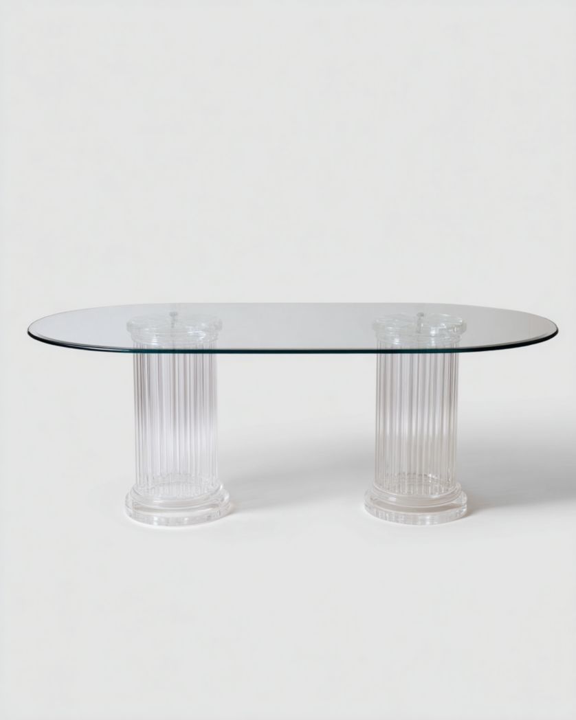Mesa de comedor oval de vidrio templado con doble pedestal acanalado de acrílico, 200×100×75 cm