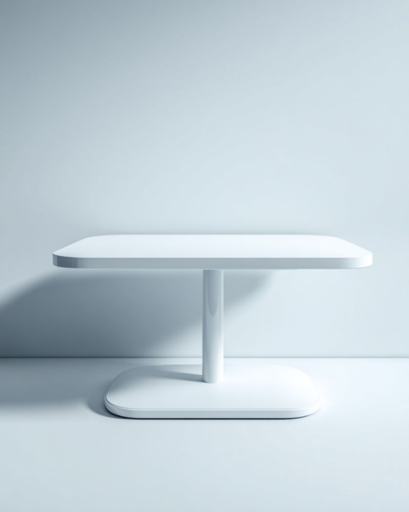 Mesa de comedor blanca con tablero rectangular redondeado y base central de acero, 120×80×75 cm