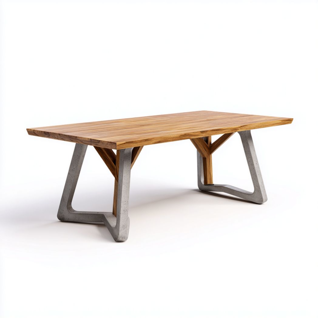 Mesa de jardín rectangular con tablero de madera tono miel y base geométrica de hormigón gris 200×90×75 cm