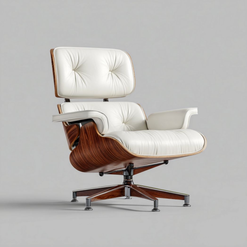 Silla de oficina y descanso giratoria con tapizado en piel blanca y estructura de madera