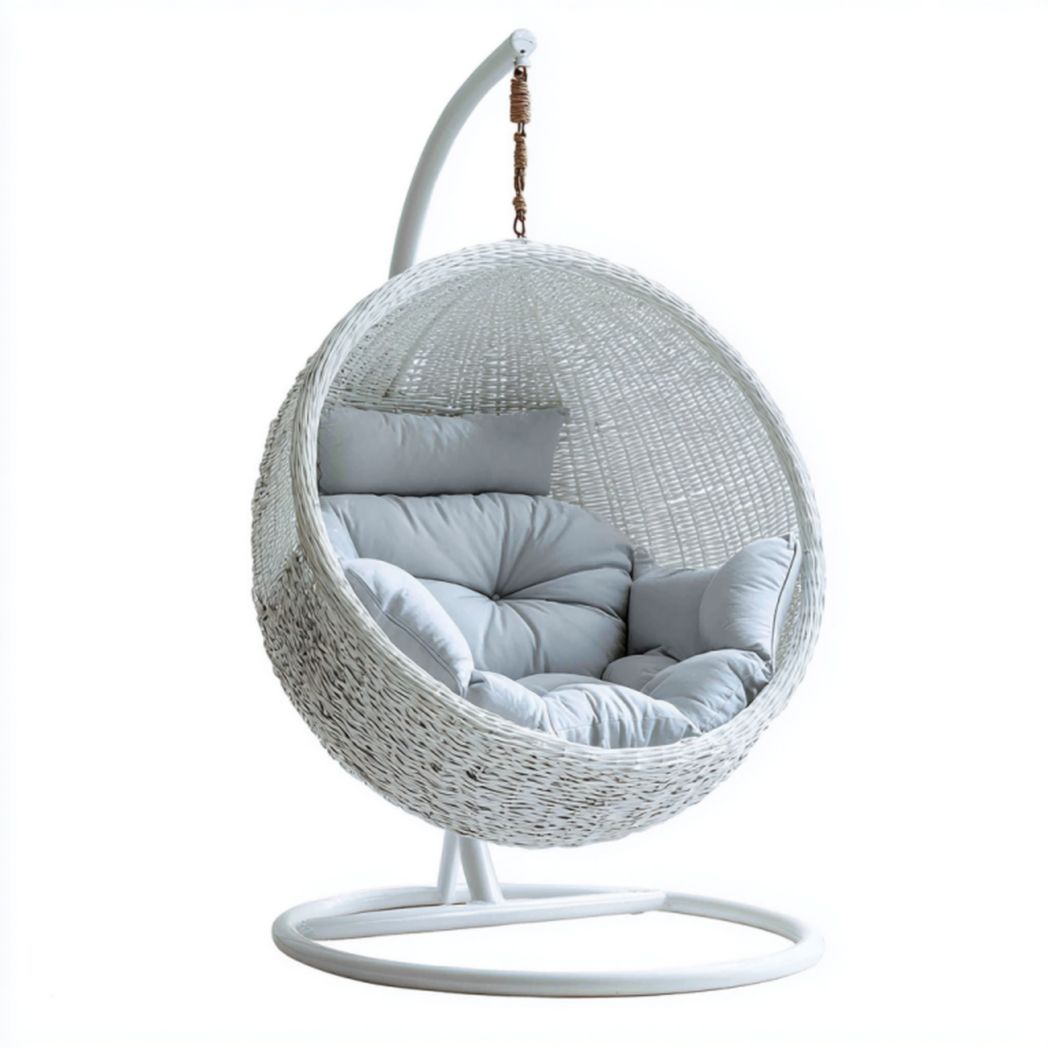 Silla colgante tipo huevo de ratán PE blanco con cojines gris claro