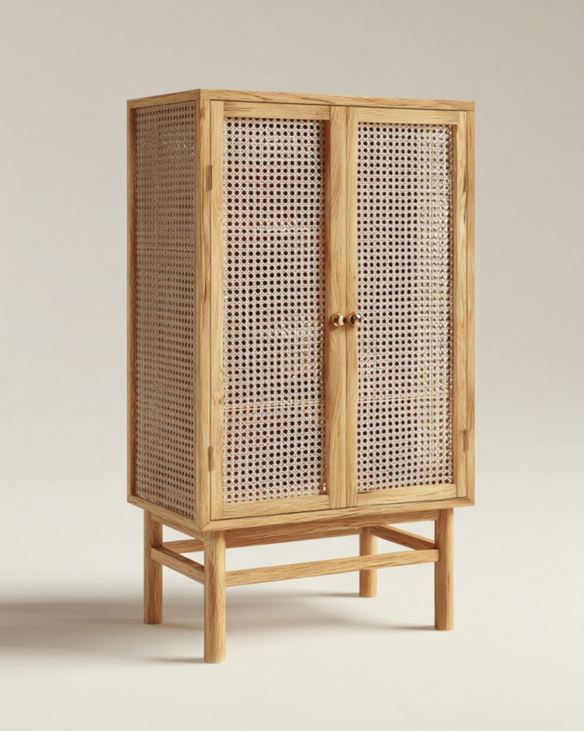 Armario alto roble claro con puertas de rejilla de ratán, 2 puertas, 75×40×150 cm