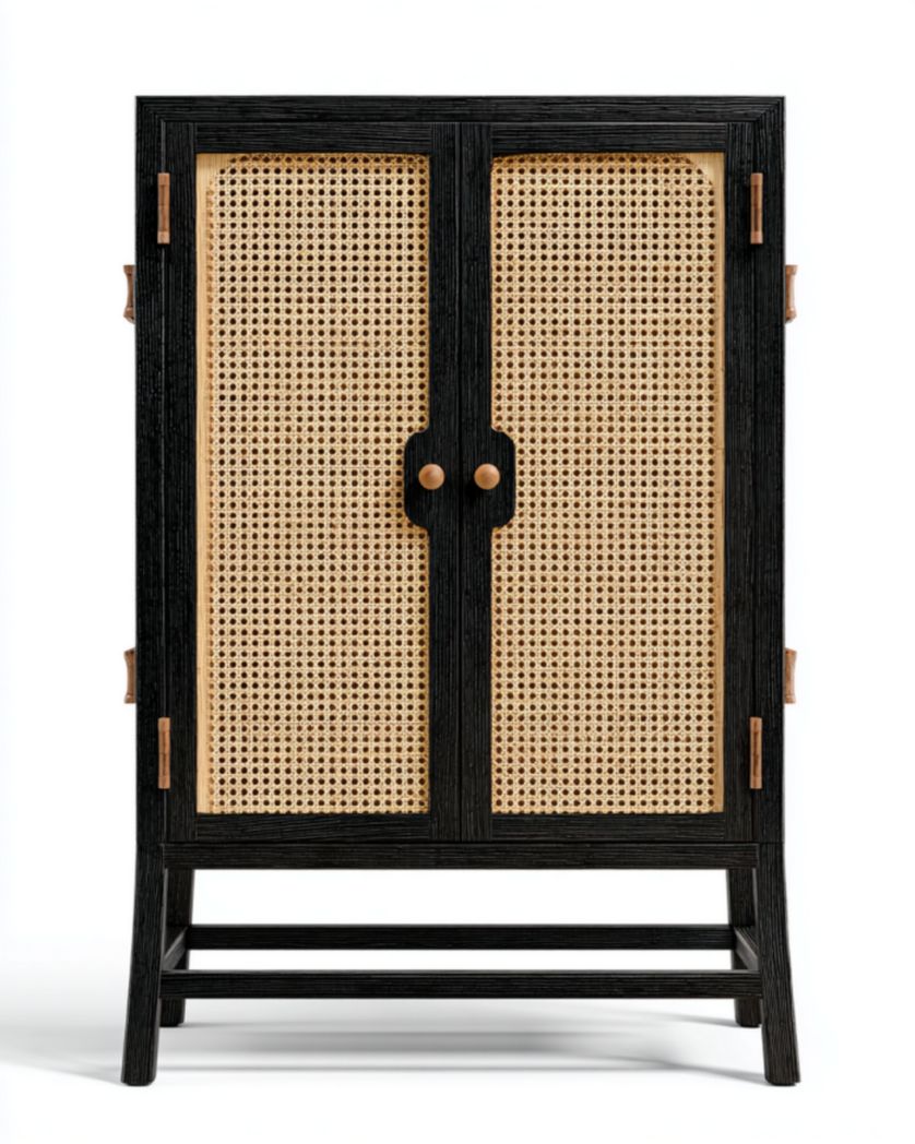 Aparador negro con puertas de rejilla de ratán y base alta, 90×40×150 cm