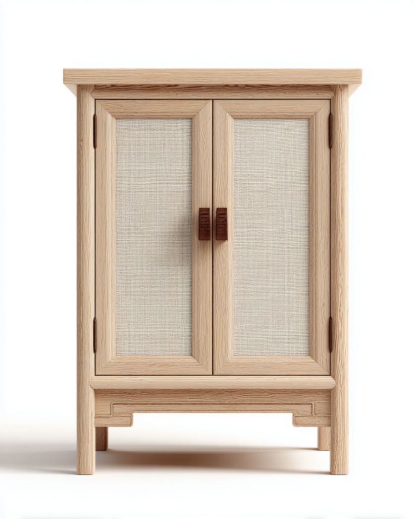 Aparador pequeño de 2 puertas, roble claro con paneles efecto lino y tiradores de madera, 60×35×80 cm