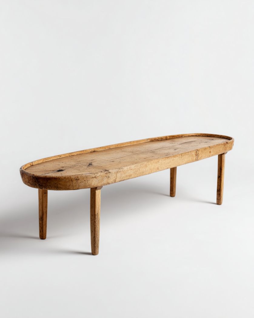 Mesa de centro oval madera natural con borde tipo bandeja y patas cónicas, 130×45×38 cm