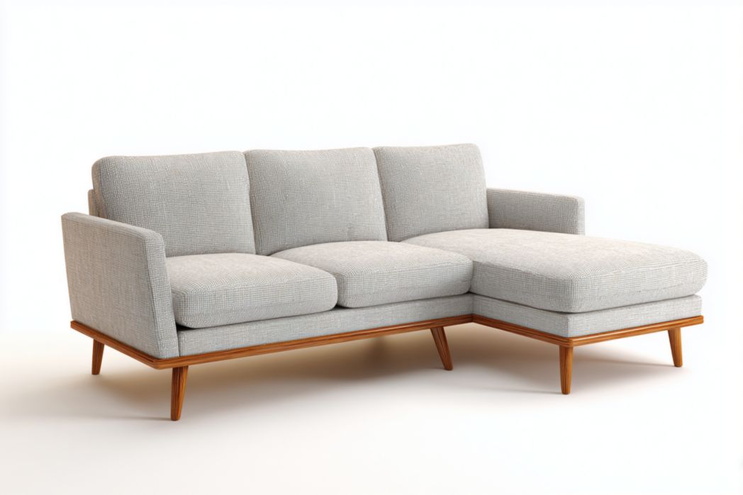 Sofá 3 plazas gris claro con chaise longue y patas de madera