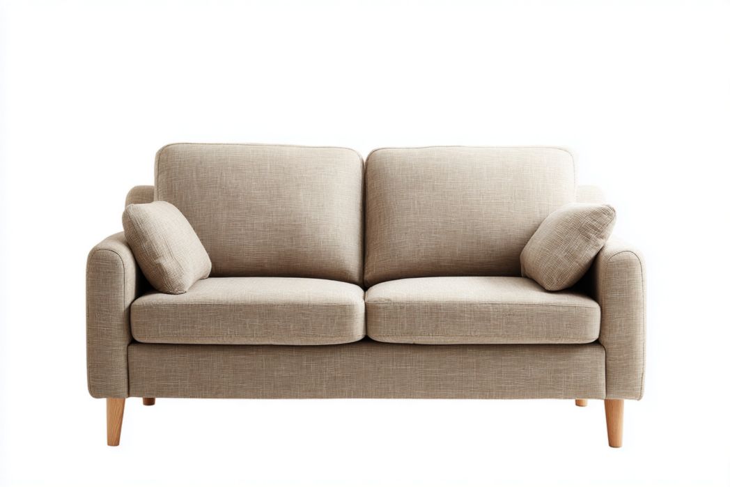 Sofá de 2 plazas en tela beige con cojines incluidos y patas de madera