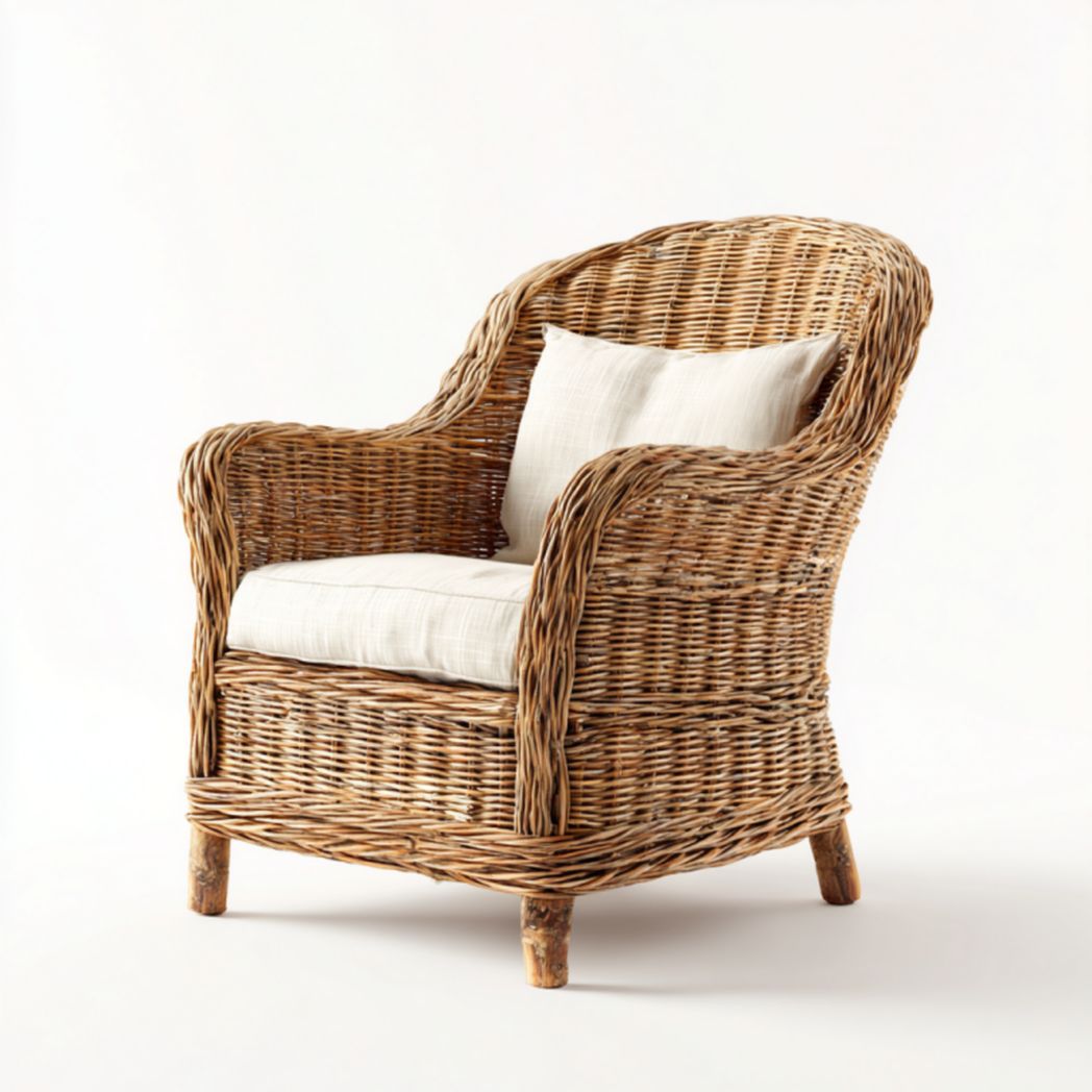 Sillón de jardín de ratán sintético marrón con cojín y almohada color marfil 75×80×90 cm