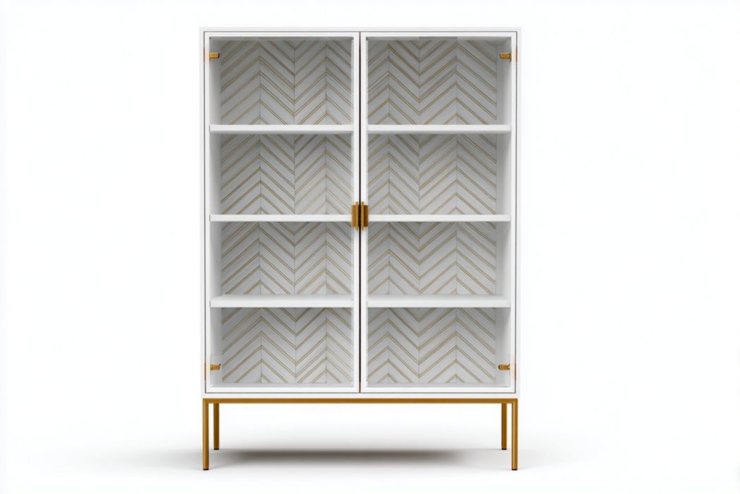Vitrina blanca con puertas de vidrio y patas doradas