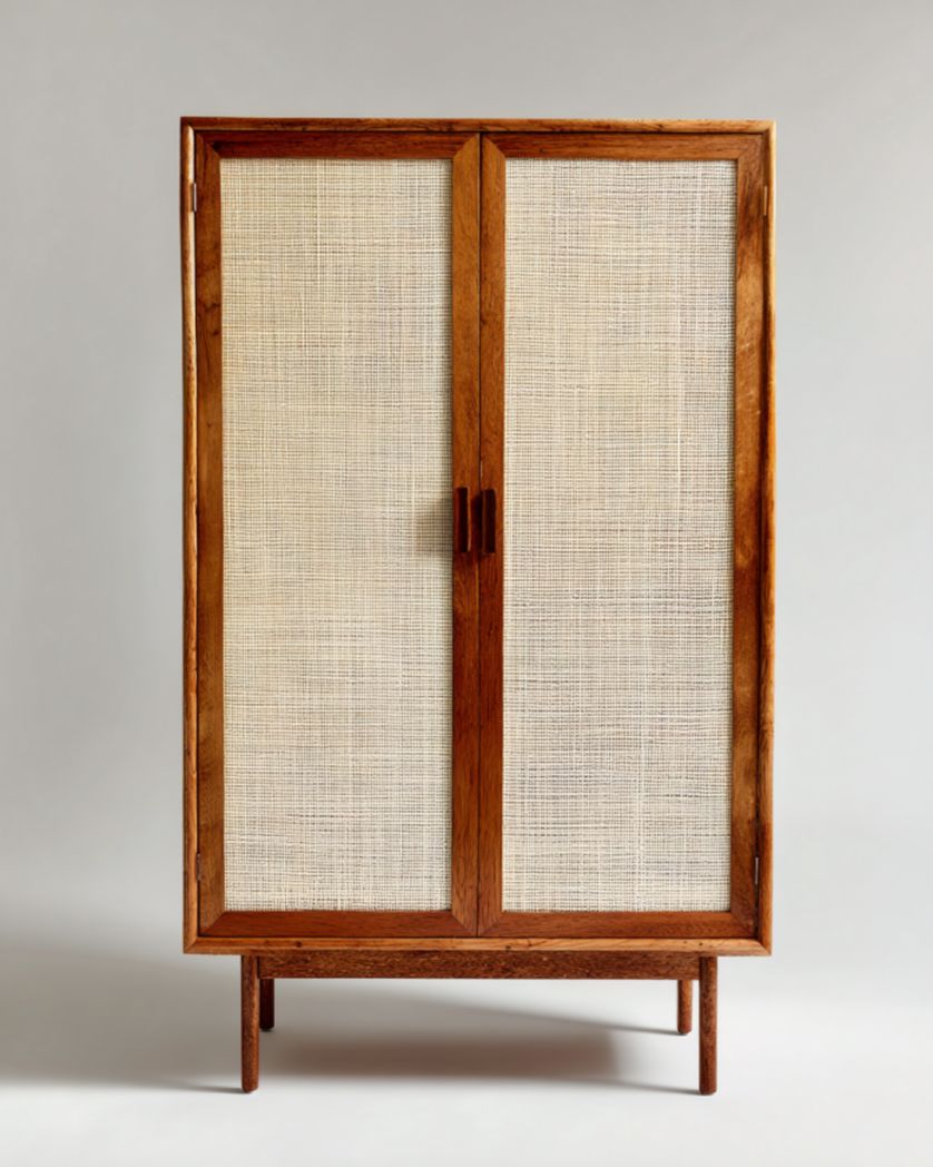 Armario alto de roble miel con puertas de rejilla natural, 2 puertas, 90×40×140 cm