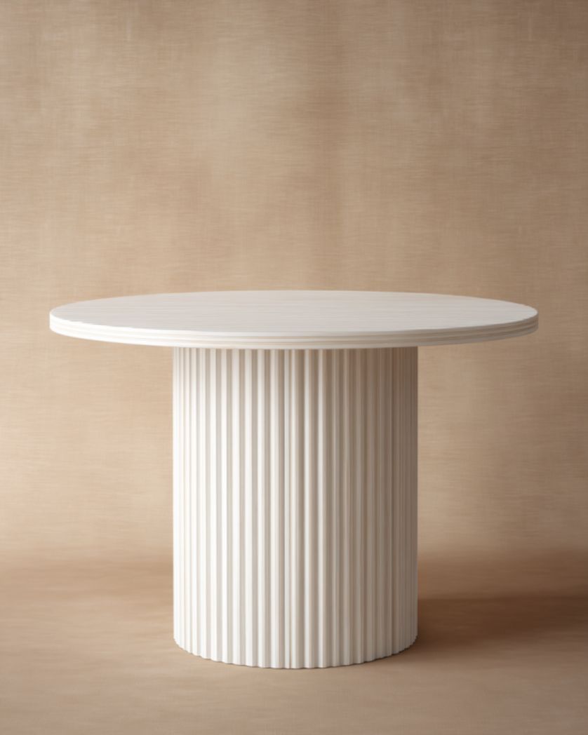 Mesa de comedor redonda blanca con pedestal cilíndrico acanalado, Ø130×75 cm