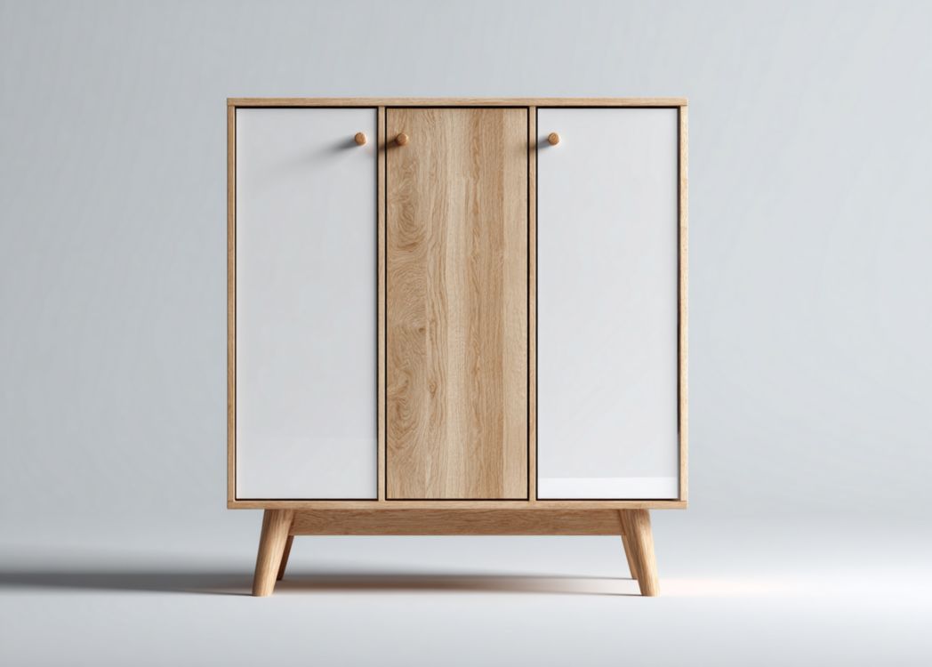 Zapatero de tres puertas en blanco y madera con patas de madera