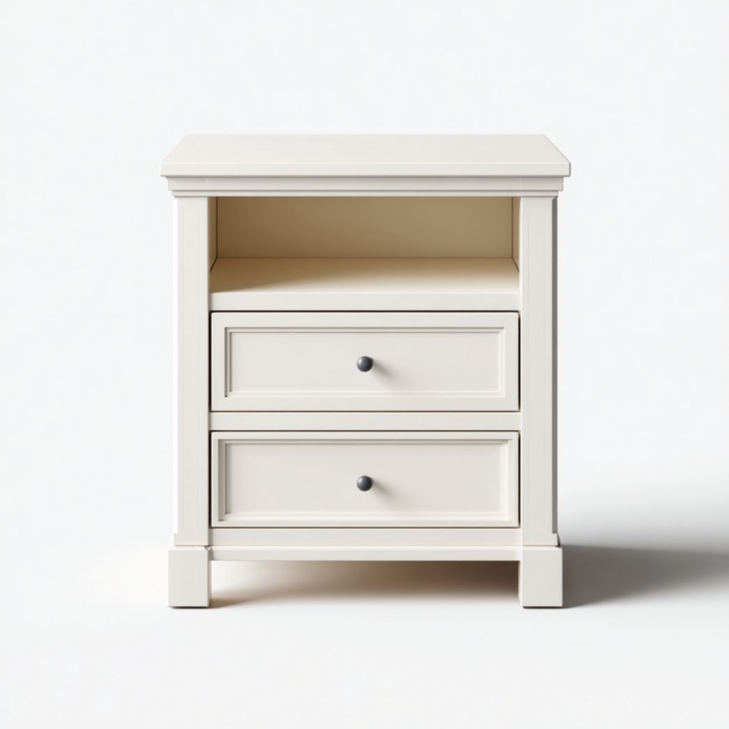 Mesita de noche blanca de madera con 2 cajones y estante abierto
