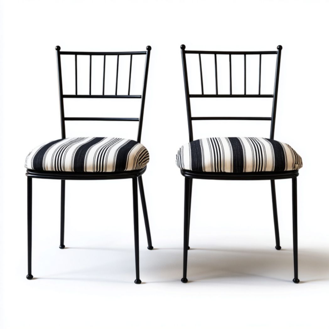 Pack 2 sillas de comedor negras con cojín a rayas blanco y negro, respaldo con barrotes