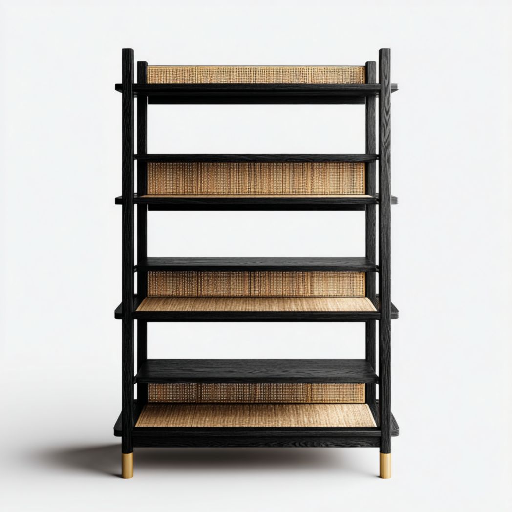 Estantería de madera negra con 4 niveles y baldas de ratán natural