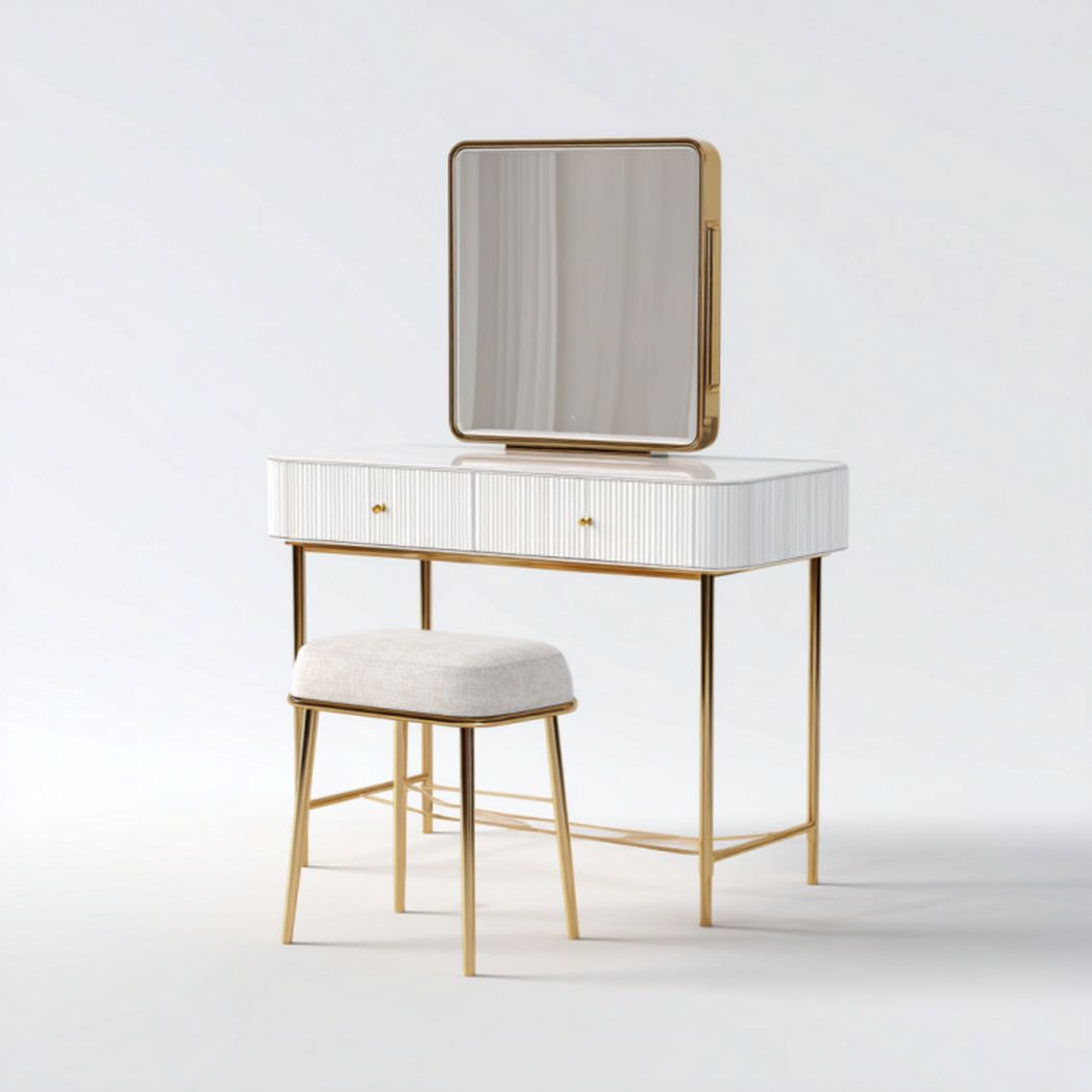 Tocador blanco con espejo rectangular, cajones y taburete acolchado