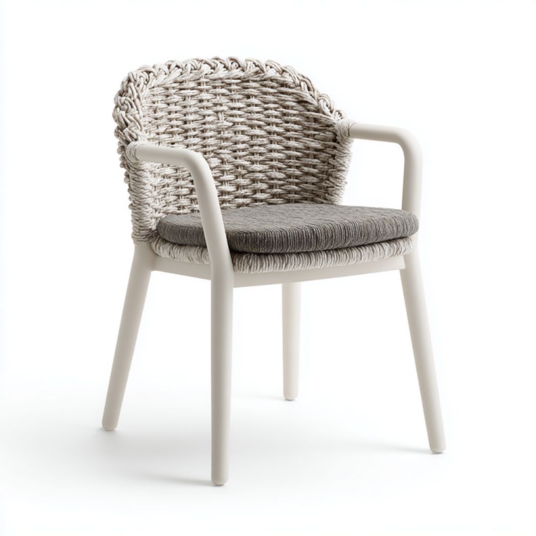 Silla de jardín blanca con respaldo trenzado gris/beige y cojín de asiento gris 58×59×80 cm